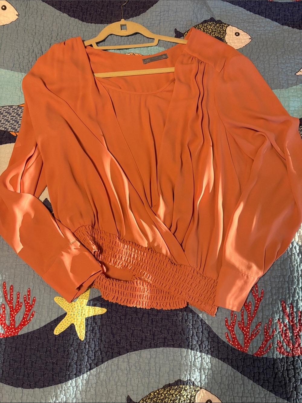 Octavia women’s deep peach Draped Blouse with Smocked Waist and button sleeves